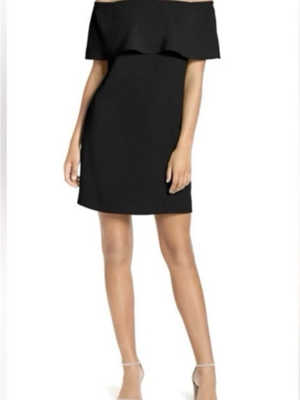 Charles Henry Black Off-Shoulder Mini Dress with Ruffle Yoke